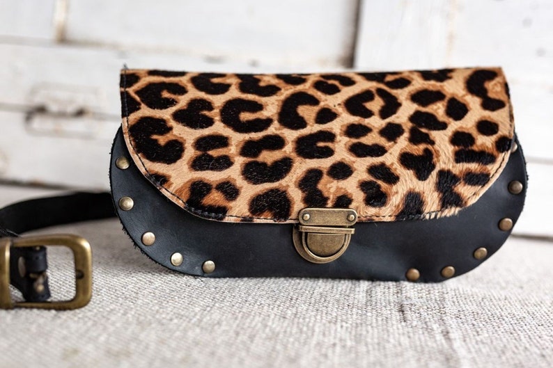 Belt bag leather, animal print Belt bag, leather hip bag, animal print clutch, leopard wallet, Crossbody purse, studded leather bag image 2