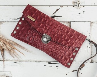 Croc print Leather wallet, RED Studded Clutch Bag, Hand Made RED Studded Wallet, Studded Leather Clutch, Womens Croc Studded Wallet