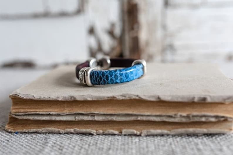 Snake Leather Bracelets, Real Snake Skin Bracelet, Mens Bracelet, Blue