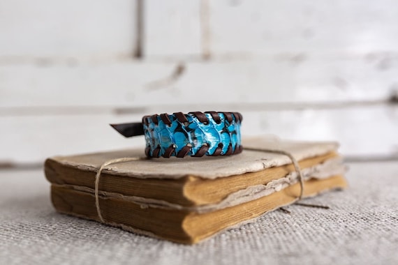 LEATHER Snake Bracelet, Blue Men Snake Bracelet, Women Snake