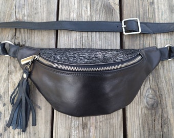 RIÑONERA de cuero artesanal, riñonera negra, riñonera artesanal negra, bolso para  cintura