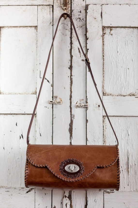 Vintage Brown Leather Womens Round Handbag Black Shoulder Circle Bag P
