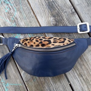 Leather FANNY PACK, Blue Leather Belt Bag, Leopard Leather Hip Bag, Fanny Pack Versatile Bum Bag Adjustable crossbody bag, Hand Made Hip Bag image 4