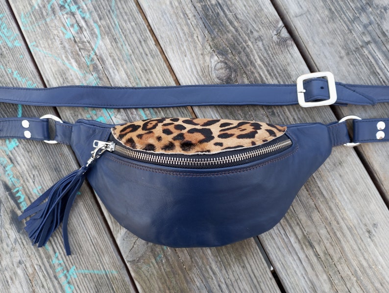 Leather FANNY PACK, Blue Leather Belt Bag, Leopard Leather Hip Bag, Fanny Pack Versatile Bum Bag Adjustable crossbody bag, Hand Made Hip Bag image 4