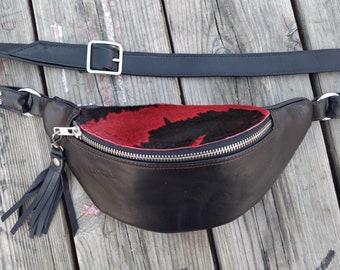 Leather FANNY PACK, Black Red Leather Gucci Belt Bag, Zebra Leather Hip Bag, Handmade Black Leather Waist Bag, Snake Bag, Black Fanny Pack