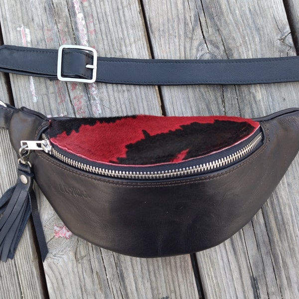 Leder-FANNY PACK, Schwarz Rot Leder Gucci Gürteltasche, Zebra Leder Hüfttasche, Handgemachte Schwarze Leder Gürteltasche, Schlangentasche, Schwarze Bauchtasche