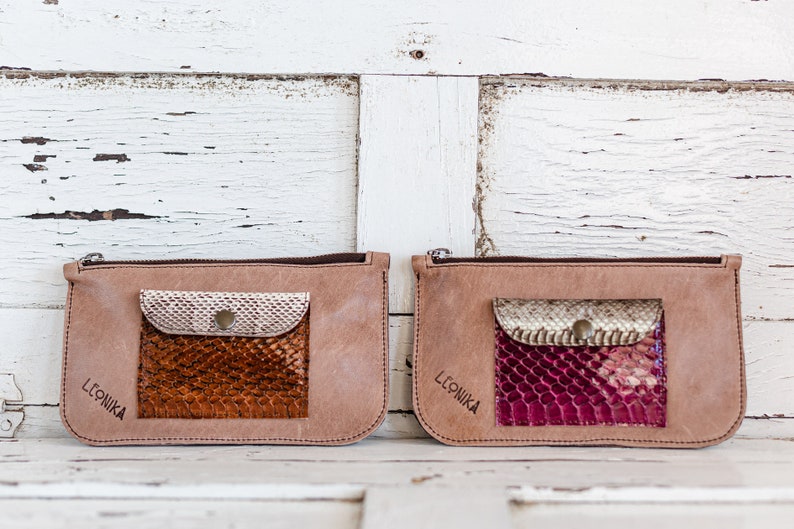 Cartera de cuero para mujer, clutch de piel monedero de mujer, monedero tarjetero de serpiente, tarjetero cartera reptil imagen 6