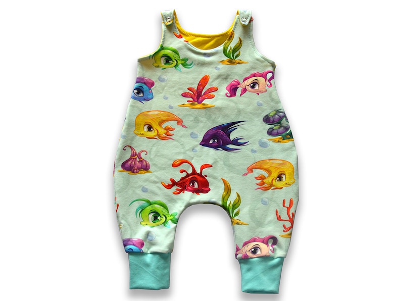 Baby harem romper rainbow FISHES print harem jumpsuit playsuit harem overall unisex preemie to 2T new baby girl gif FISHES print romper