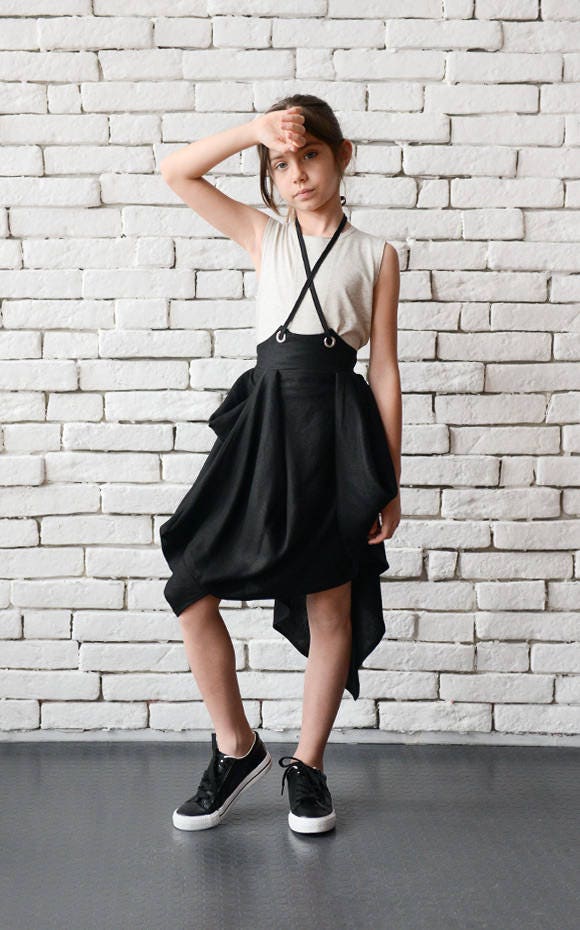 Black Asymmetric Linen Skirt for Kids/Long Short Girls Etsy