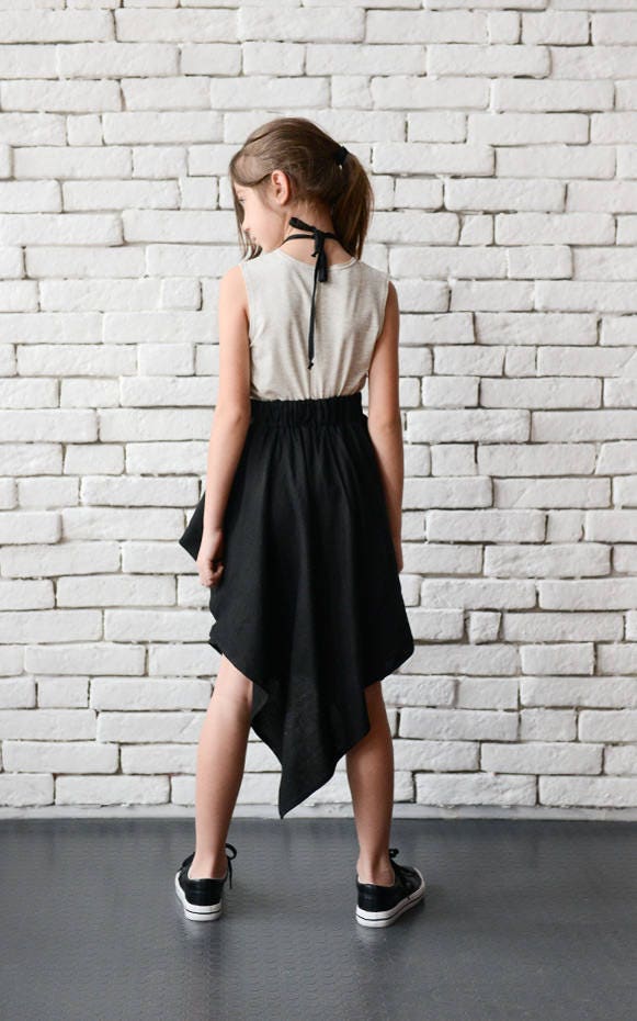 Black Asymmetric Linen Skirt for Kids/Long Short Girls Etsy