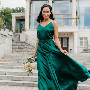 Minimalist green wedding silk slip dress, simple milk wedding dress, bridesmaid dress, silk wedding dress, long silk slip wedding Asymmetric bottom