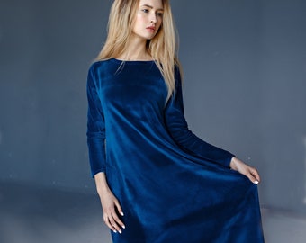 Velvet Long Sleeve Maxi Dress Blue Velvet Formal Dress Plus Size Clothing Oversize Prom Dress Long Womens Bridesmaid