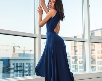 Blue Long maxi dress with open back. Backless Dress.  Prom Dress Long. Bridesmaid Maxi Dress Princess Evening Wedding Plus Size Dress