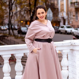 Plus Size Maxi Dress with a Leather Belt Midi Pink Cute Prom Dress Long Swing Wool Viscose Plus size Women Clothing