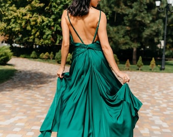 green wedding dress Long maxi dress with open back Backless green Atlas Dress Prom Dress Bridesmaid Maxi Dress Princess Evening Wedding