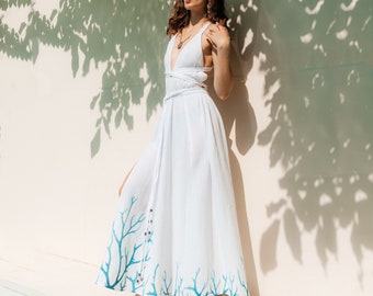 Long muslin dress, open back, white boho dress, double gauze dress, Greek Dress