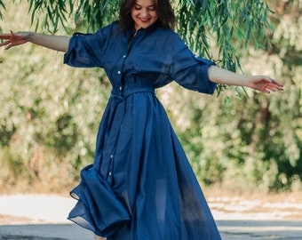 Silk Blue Dress 3/4 Sleeve Maxi Spring Cottagecore Dress Women Aesthetic Clothing