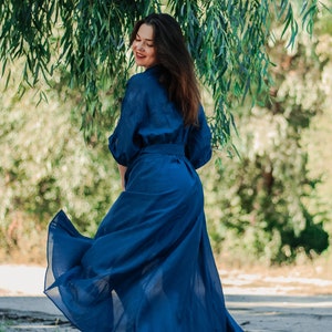 Silk Blue Dress 3/4 Sleeve Maxi Spring Cottagecore Dress Women Aesthetic Clothing image 2