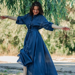 Silk Blue Dress 3/4 Sleeve Maxi Spring Cottagecore Dress Women Aesthetic Clothing image 1