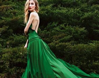 Green bridesmaid dress. dress With a train. Long Maxi Dress Open Back Satin Dress. Prom Dress. Evening Wedding Dress Plus Size