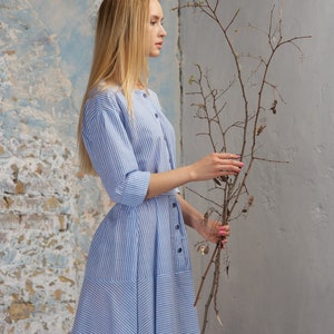 Blue Maxi Midi Spring Summer Dress Thin Stripe Long Sleeve Cottagecore Aesthetic Clothing image 1