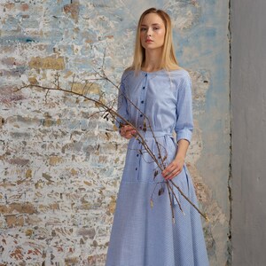 Blue Maxi Midi Spring Summer Dress Thin Stripe Long Sleeve Cottagecore Aesthetic Clothing image 2