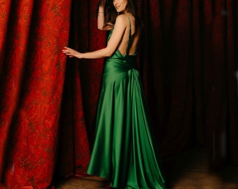 Green Silk Satin Maxi Dress: Open Back Wedding, 'Atonement' Style