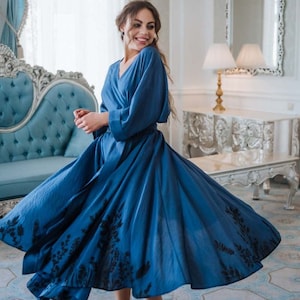 Blue Maxi Dress Block Print Beach Wedding Dress. Blue Boho Floral Maxi Dress Summer Ramie Dress