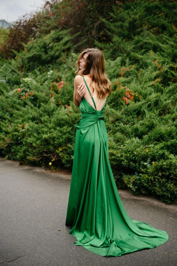 Green Viscose Silk Dress: Open Back Special Occasion Gown - Etsy