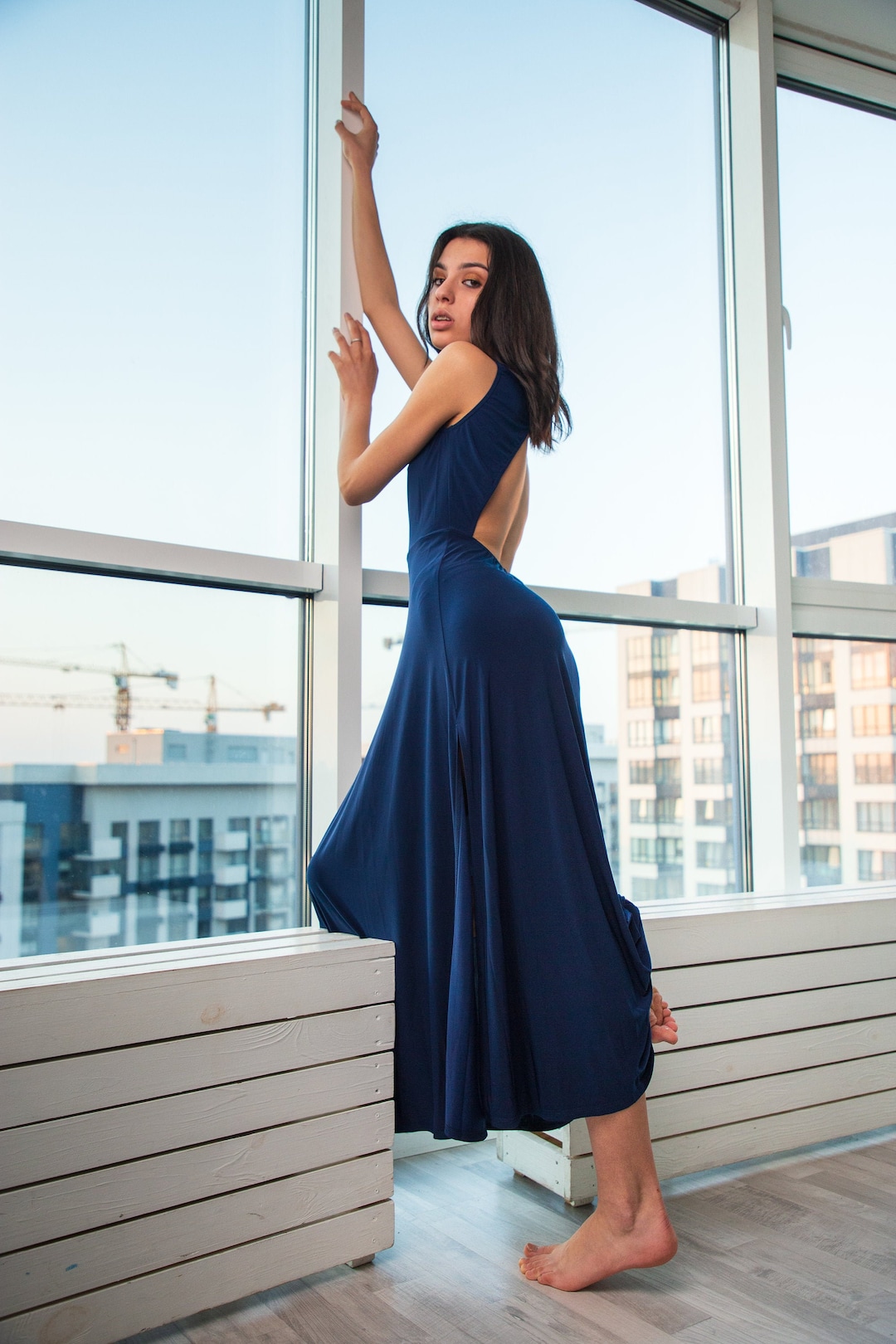 Blue Satin Maxi Dress: Backless Evening Gown