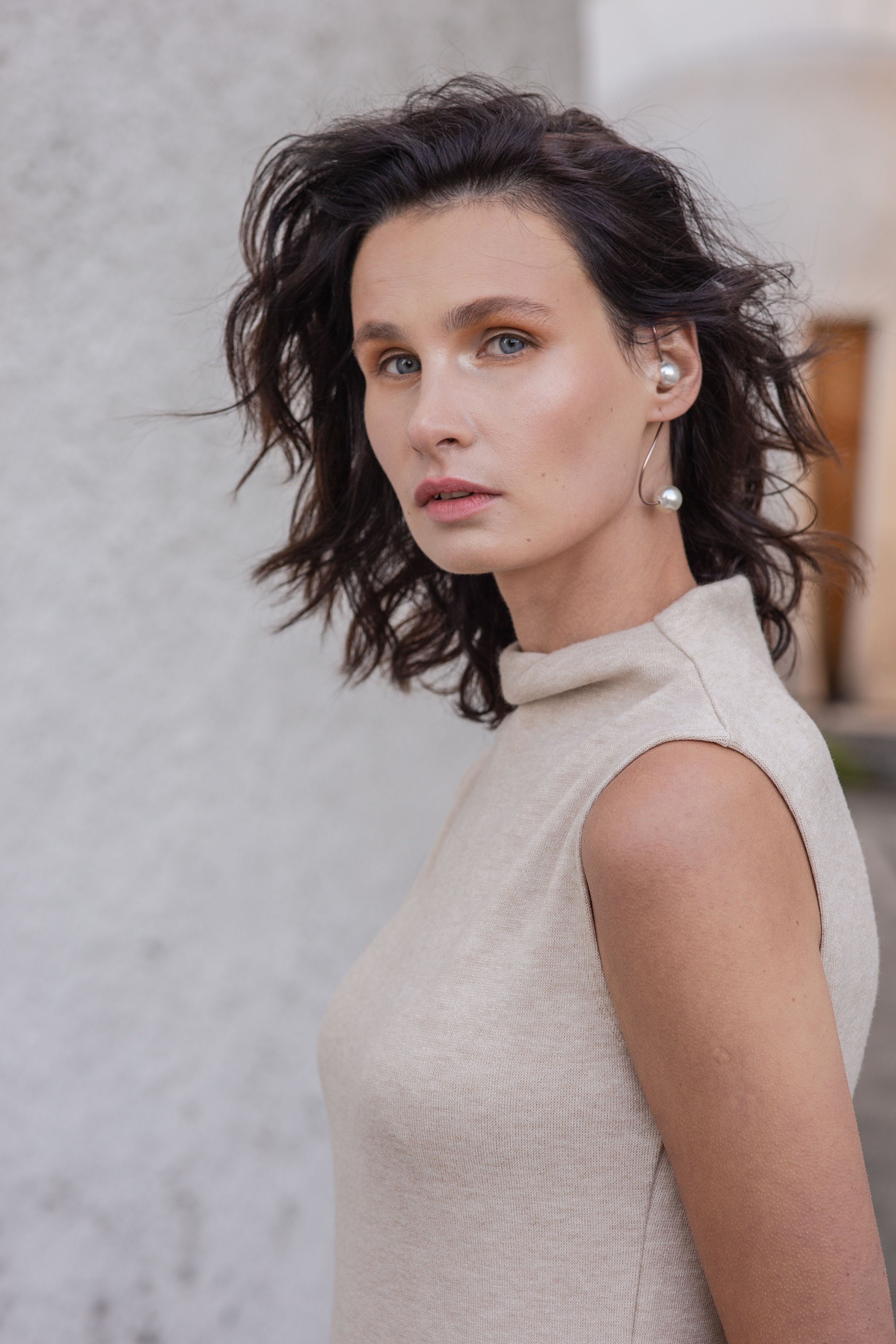 Wool Midi Dress of Soft Angora Beige Wool Fabric Gift for Women  