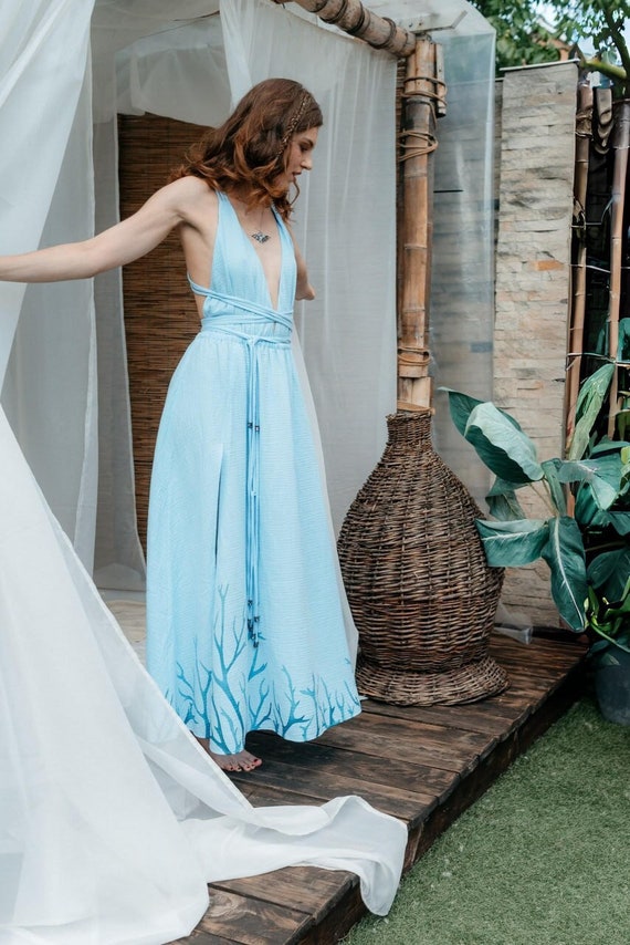 chinese dress ladies Maxi Maternity Dress in Sky Blue Seersucker Cotton