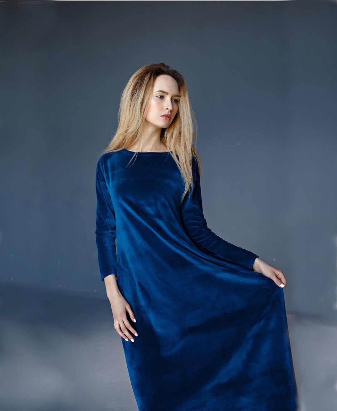 Velvet Long Sleeve Maxi Dress Blue Velvet Formal Dress Plus - Etsy