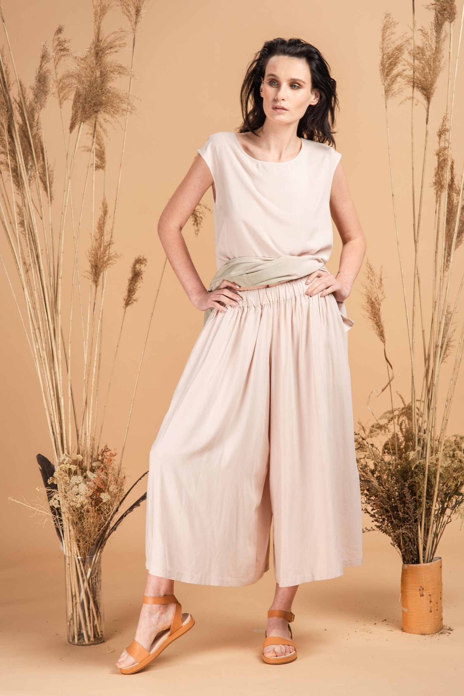 Pleated Culottes Wide Leg Pants Light Cotton Woman Trousers Etsy