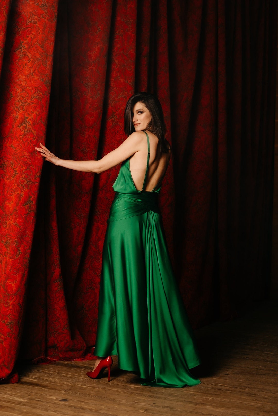 Buy Green Silk Satin Maxi Dress: Open Back Wedding, 'atonement' Style  Online in India