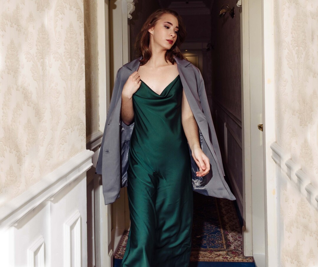 Emerald Green Silk Slip Dress: Cowl Neck Satin Midi, Open Back - Etsy