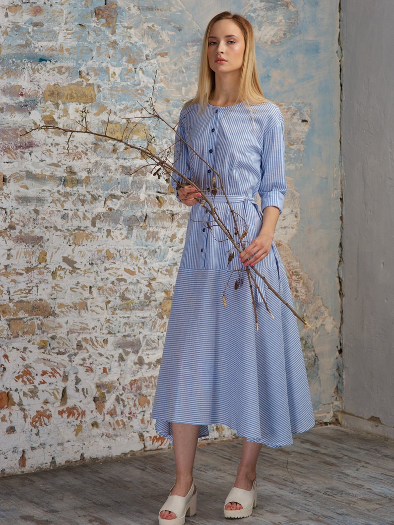 Blue Maxi Midi Spring Summer Dress Thin Stripe Long Sleeve Cottagecore Aesthetic Clothing image 2