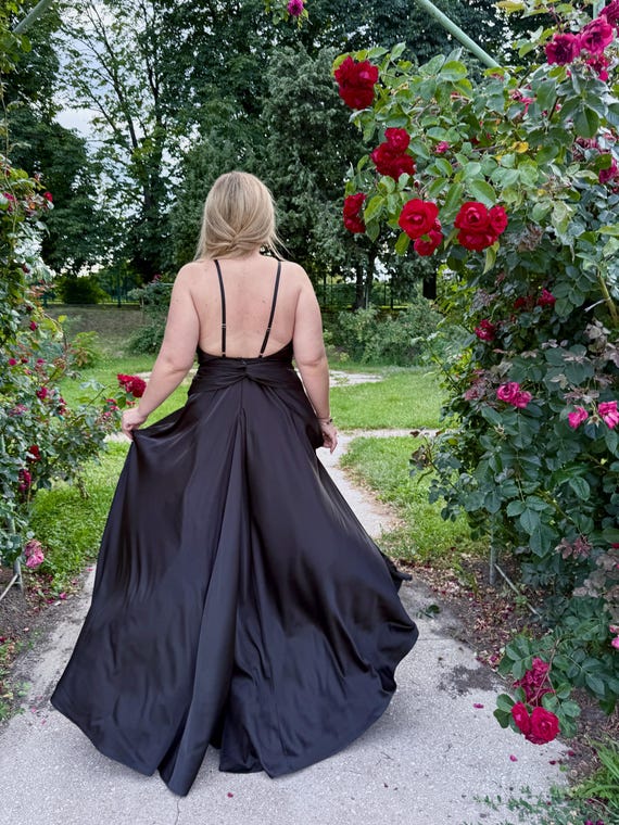 Plus Size Black Viscose Dress: Open Back Special Occasion Gown