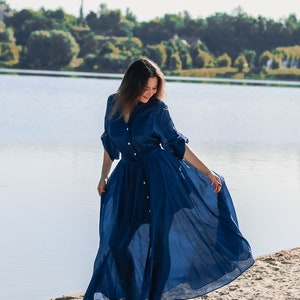 Silk Blue Dress 3/4 Sleeve Maxi Spring Cottagecore Dress Women Aesthetic Clothing image 3