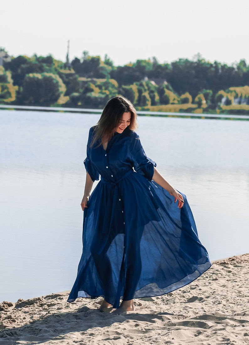 Silk Blue Dress 3/4 Sleeve Maxi Spring Cottagecore Dress Women Aesthetic Clothing image 3