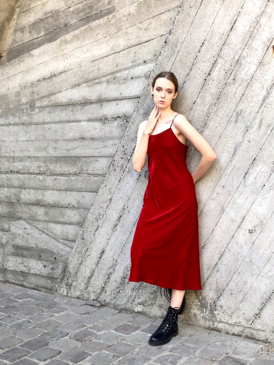 Vestido de terciopelo rojo slip midi vestidos sexy fecha vestido romántico  terciopelo rojo cóctel México