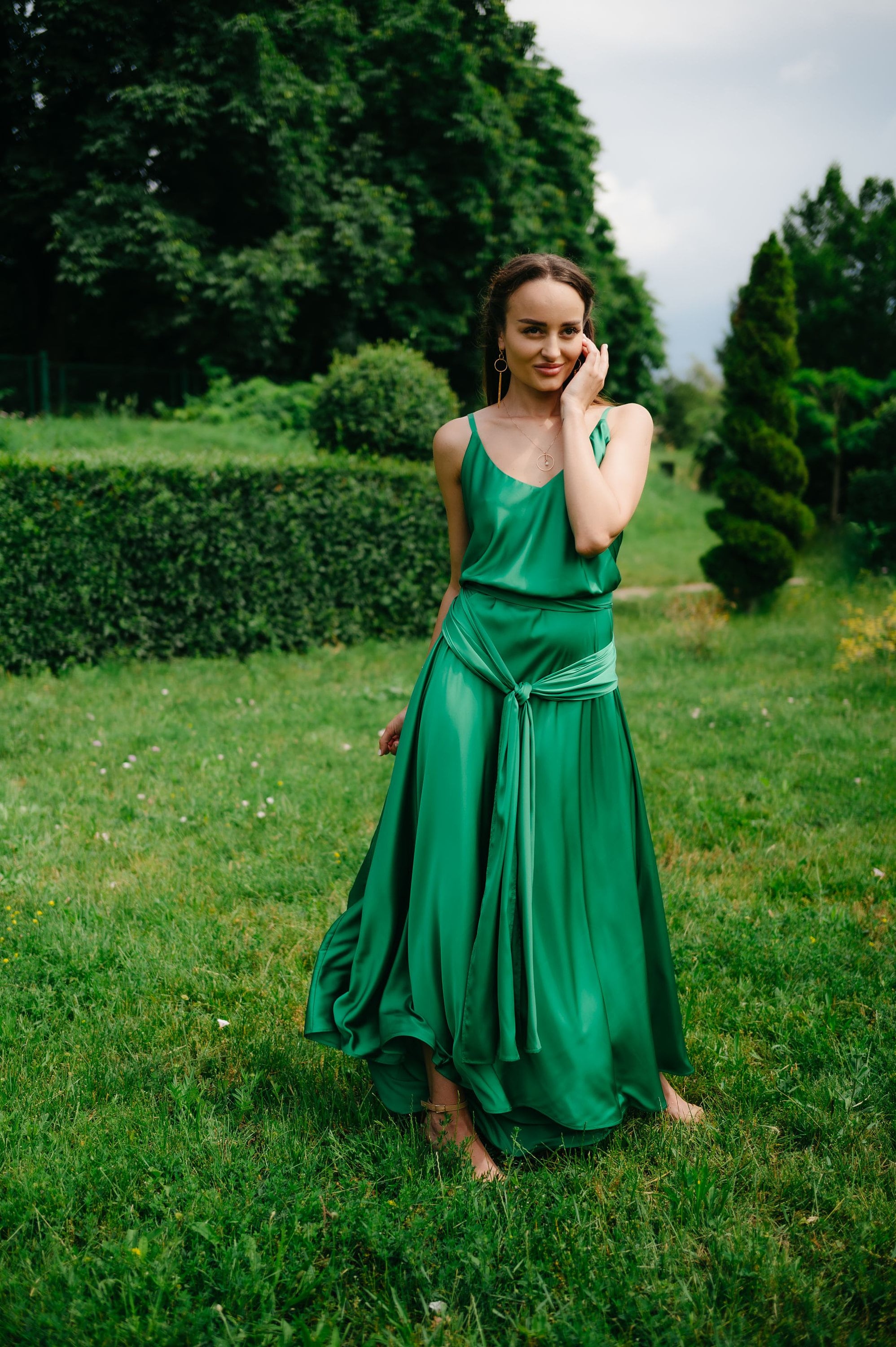Green Silk Satin Maxi Dress: Open Back Wedding Gown