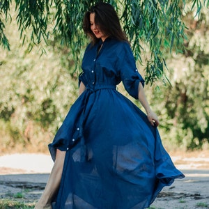 Silk Blue Dress 3/4 Sleeve Maxi Spring Cottagecore Dress Women Aesthetic Clothing image 4