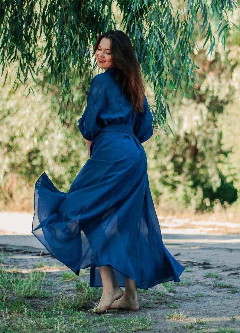 Silk Blue Dress 3/4 Sleeve Maxi Spring Cottagecore Dress Women Aesthetic Clothing image 2