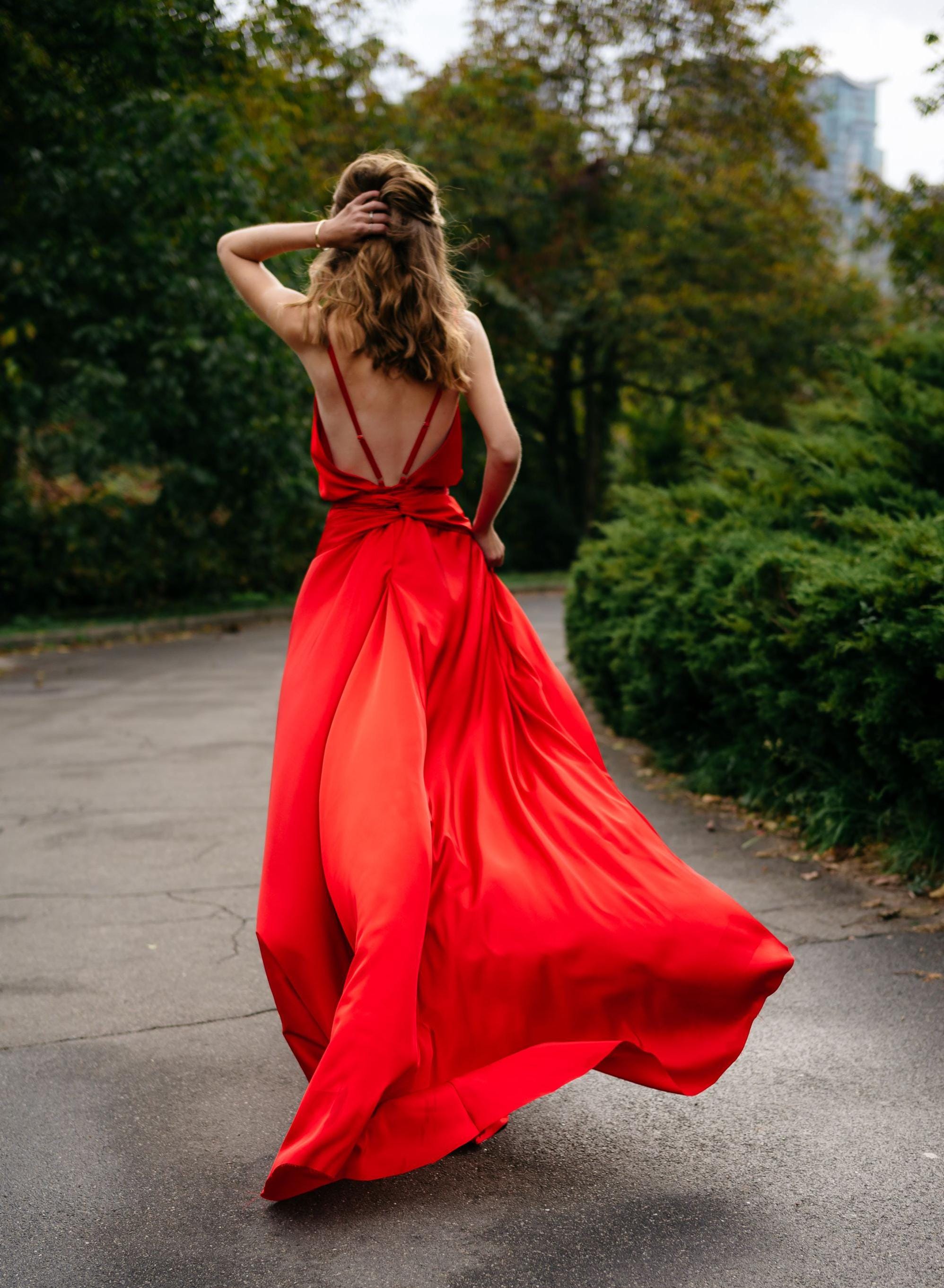 Red Silk Evening Dress, Backless Maxi Prom Gown With Train Red Silk Evening Dress, Backless Maxi Prom Gown With Train