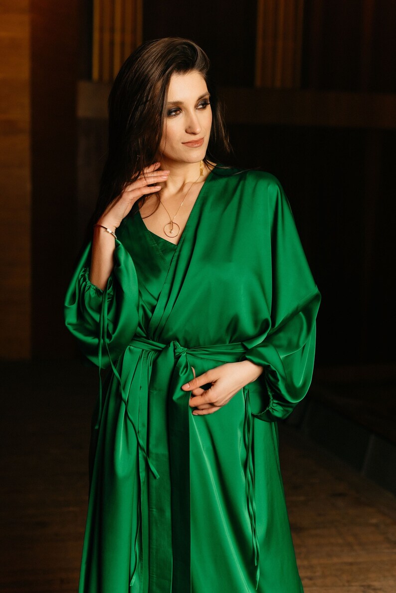 Long silk blend kimono robe, Bridesmaids Silk Robe, Wedding Dressing Gown Silk green kimono, boho robe, maxi kimono Cecilia in Atonement image 2