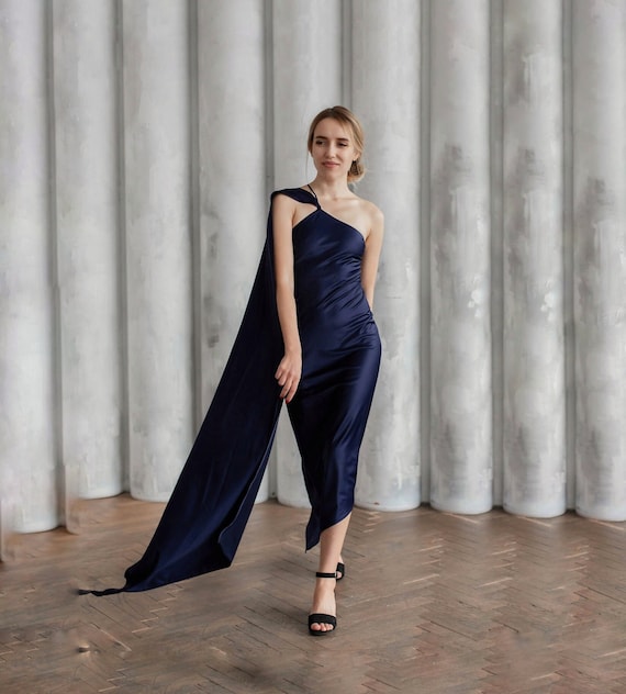 navy silk cocktail dress Handmade With Train: Blue Party Evening Gown caribbean holiday dresses My Dream Fitted Plus Cowl neck Pants Size:40 L