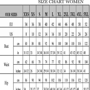 May include: Size chart for women's clothing with measurements in inches and centimeters. The chart includes sizes XXS to 5XL, with corresponding measurements for bust, waist, and hip.