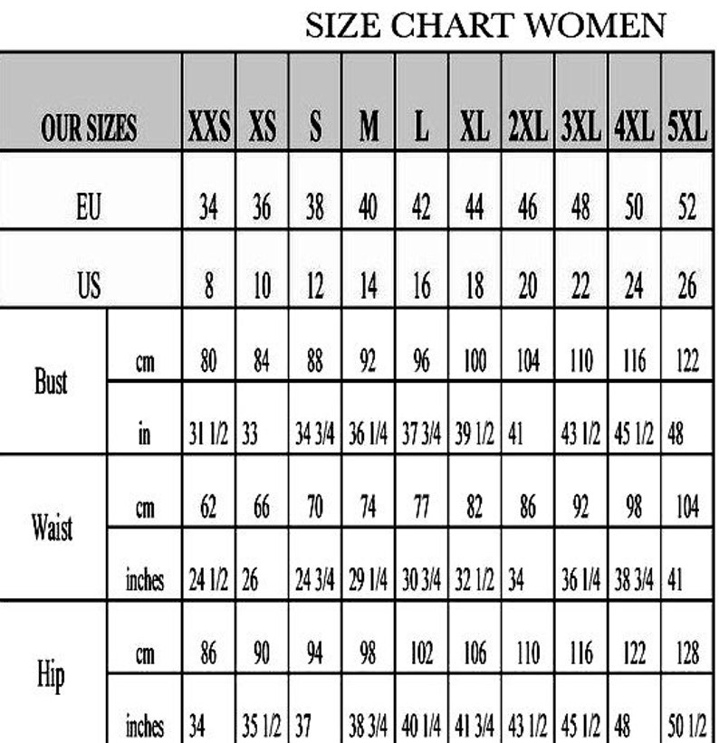 May include: Size chart for women's clothing with measurements in inches and centimeters. The chart includes sizes XXS to 5XL, with corresponding measurements for bust, waist, and hip.