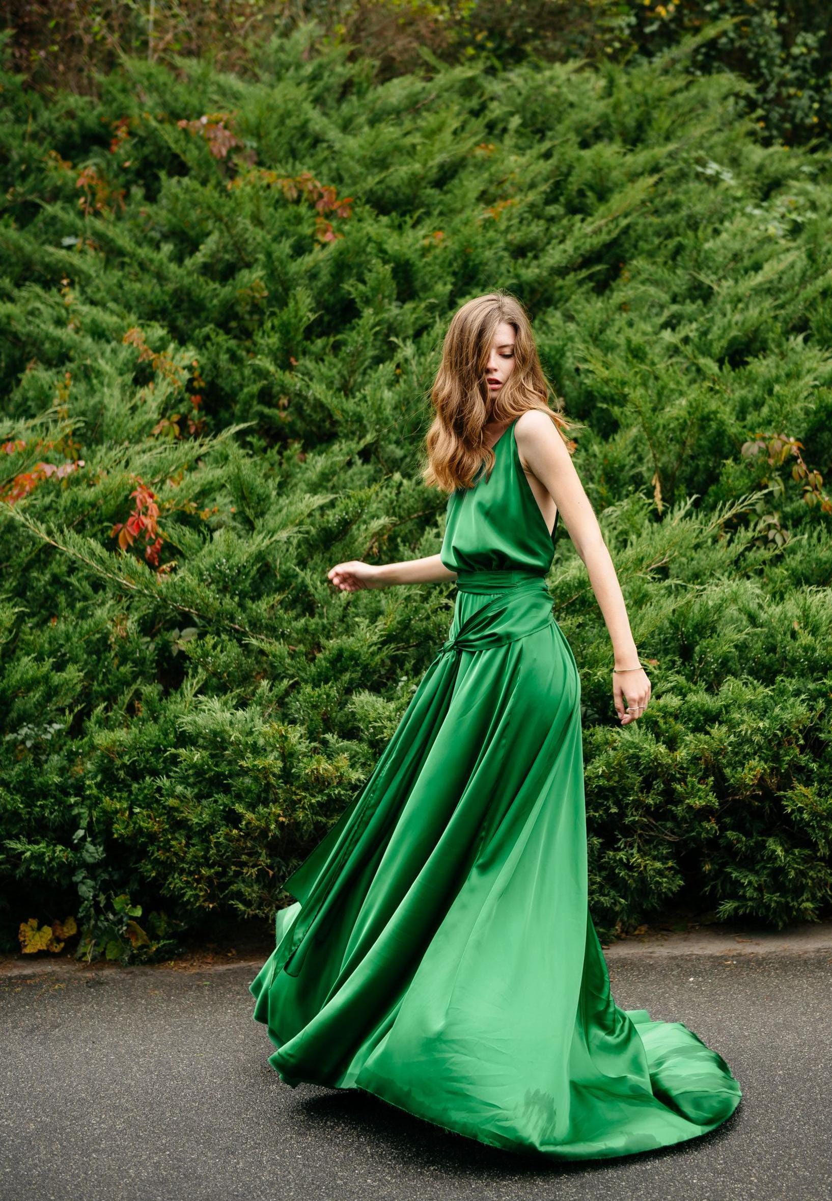 green solid dress Viscose Silk Maxi Dress: Open Back, Adjustable Straps, Formal FS for July 4